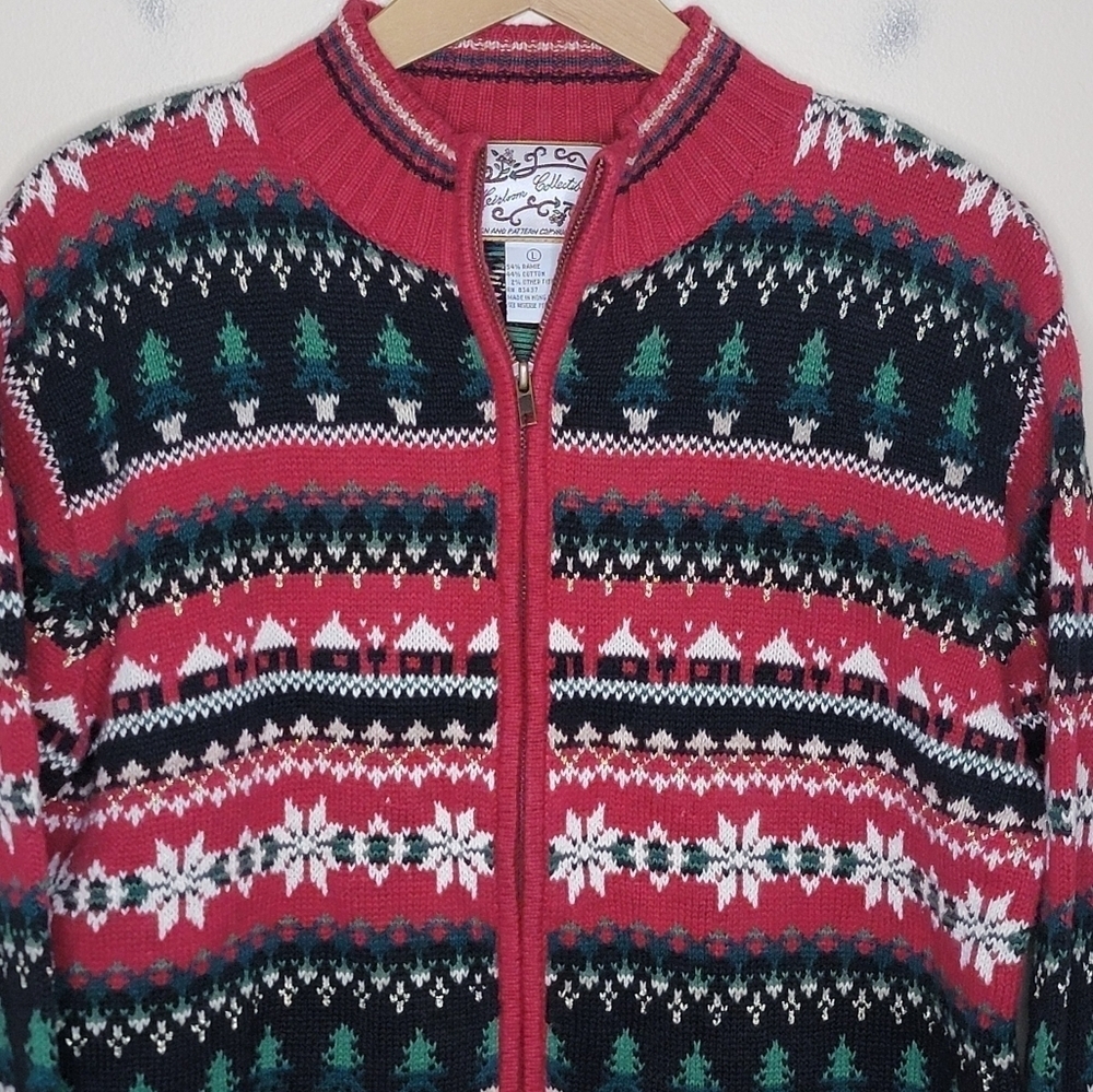 Vintage Heirloom Collectibles Christmas Tree Snowflake Knit Zip Front Cardigan - Picture 3 of 4